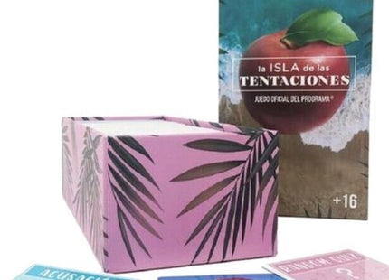 Rosa box mit schwarzem palmenblattmuster enthält das offizielle kartenspiel la isla de las tentaciones ab 16 jahren