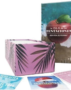 Rosa box mit schwarzem palmenblattmuster enthält das offizielle kartenspiel la isla de las tentaciones ab 16 jahren