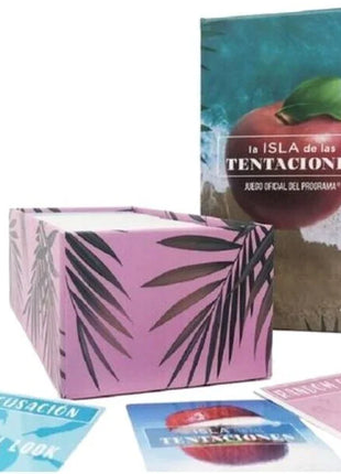 Rosa box mit schwarzem palmenblattmuster enthält das offizielle kartenspiel la isla de las tentaciones ab 16 jahren