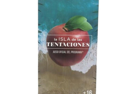 Roter apfel mit grünem blatt auf türkis beiger spielbox la isla de las tentaciones offizielles kartenspiel es