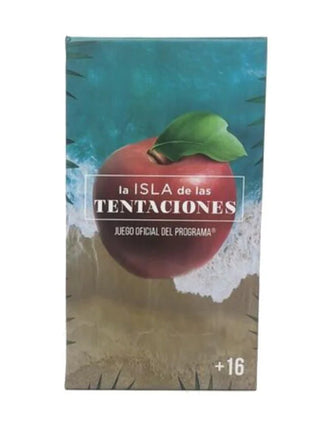 Roter apfel mit grünem blatt auf türkis beiger spielbox la isla de las tentaciones offizielles kartenspiel es