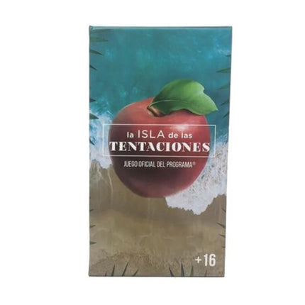 Roter apfel mit grünem blatt auf türkis beiger spielbox la isla de las tentaciones offizielles kartenspiel es