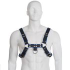 Blue and black leather body harness with silver-toned metal hardware for a bulldog chest in blau-schwarz