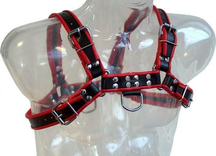 Rotes und schwarzes leder kettenharness mit silbernen schnallen, nieten und d-ringen aus metall