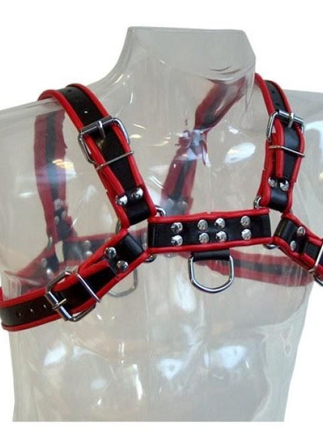 Rotes und schwarzes leder kettenharness mit silbernen schnallen, nieten und d-ringen aus metall