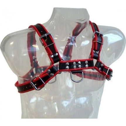 Rotes und schwarzes leder kettenharness mit silbernen schnallen, nieten und d-ringen aus metall