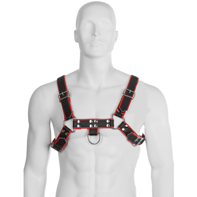 Schwarzer und roter leder kettenharness mit silbernen metallbeschlägen aus leder für den körper