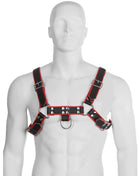 Schwarzer und roter leder kettenharness mit silbernen metallbeschlägen aus leder für den körper