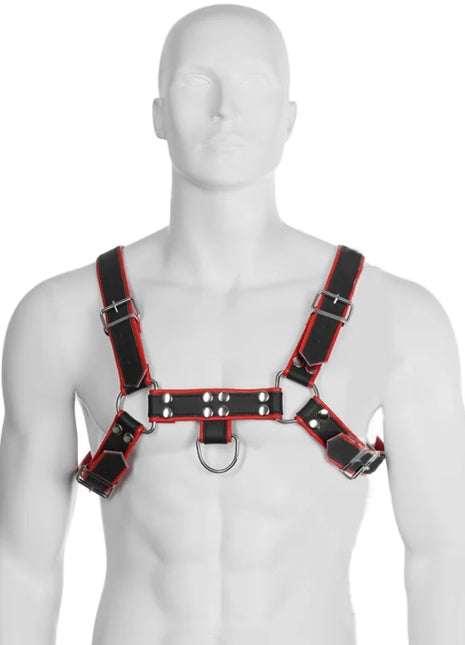 Schwarzer und roter leder kettenharness mit silbernen metallbeschlägen aus leder für den körper