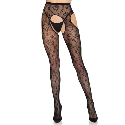 LEG AVENUE - 1967 BLOOM NETZ-STRUMPFHOSE MIT STRUMPFHALTERN SCHWARZ - EINHEITSGRÖSSE