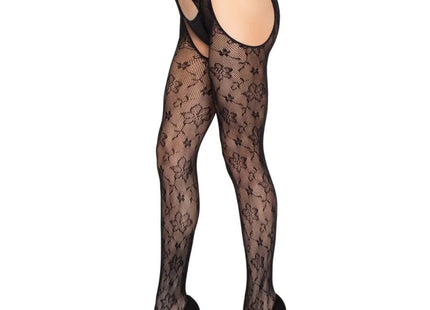 LEG AVENUE - 1967 BLOOM NETZ-STRUMPFHOSE MIT STRUMPFHALTERN SCHWARZ - EINHEITSGRÖSSE