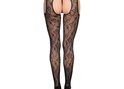 LEG AVENUE - 1967 BLOOM NETZ-STRUMPFHOSE MIT STRUMPFHALTERN SCHWARZ - EINHEITSGRÖSSE