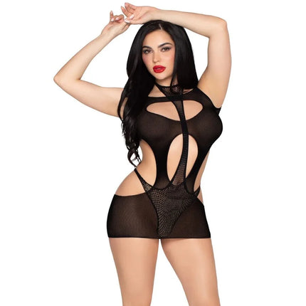 Schwarzes blickdichtes minikleid und neckholder-teddy aus mesh mit cutout details von leg avenue