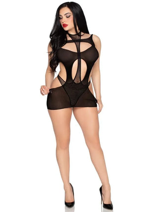 Schwarzer blickdichter netz bodysuit mit cut-out design von leg avenue in einheitsgröße