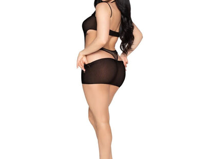 Black mesh lingerie set with bra and matching shorts featuring an open back design by leg avenue in schwarz