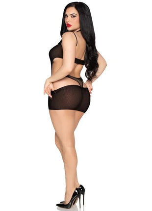 Black mesh lingerie set with bra and matching shorts featuring an open back design by leg avenue in schwarz