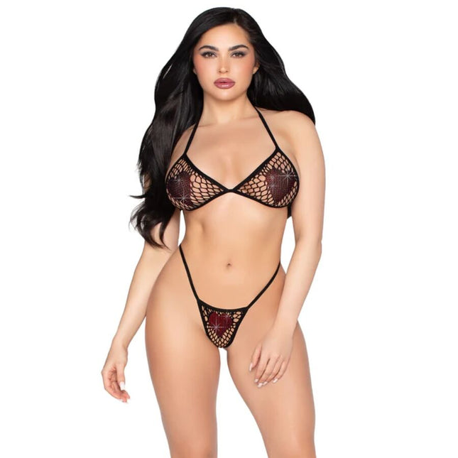Schwarzes netz-bh-top und string-höschen von leg avenue mit funkelnden strassakzenten aus mesh in einheitsgröße