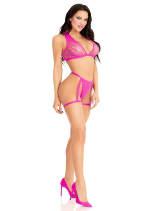 Rosa fuchsia spitzen bh top und höschen mit strumpfhaltern und passenden high heels von leg avenue