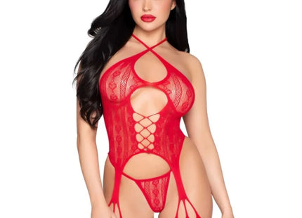 LEG AVENUE - 89338 OFFENER SPITZEN-Bodysuit MIT STRUMPFGÜRTEL + STRING ROT - EINE GRÖSSE
