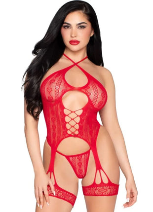 LEG AVENUE - 89338 OFFENER SPITZEN-Bodysuit MIT STRUMPFGÜRTEL + STRING ROT - EINE GRÖSSE