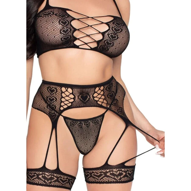 LEG AVENUE - 89359 TOP + STRING + STRUMPFGÜRTEL SET SCHWARZ - EINE GRÖSSE - Sexy Dessous-Set