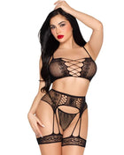 LEG AVENUE - 89359 TOP + STRING + STRUMPFGÜRTEL SET SCHWARZ - EINE GRÖSSE - Onesize / Black - Sexy Dessous-Set