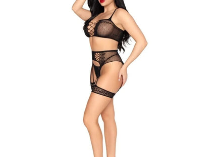LEG AVENUE - 89359 TOP + STRING + STRUMPFGÜRTEL SET SCHWARZ - EINE GRÖSSE - Sexy Dessous-Set