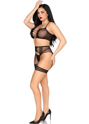 LEG AVENUE - 89359 TOP + STRING + STRUMPFGÜRTEL SET SCHWARZ - EINE GRÖSSE - Sexy Dessous-Set