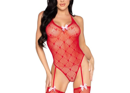LEG AVENUE 89360 Bodysuit mit offenem Rücken und Strumpfgürtel - Onesize / Red - Bodys