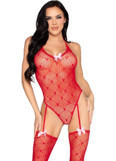 LEG AVENUE 89360 Bodysuit mit offenem Rücken und Strumpfgürtel - Onesize / Red - Bodys