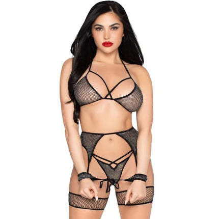 LEG AVENUE - 89362 TOP + STRING + STRUMPFGÜRTEL + HANDSCHELLEN SET SCHWARZ - EINE GRÖSSE - Onesize / Black - Sexy