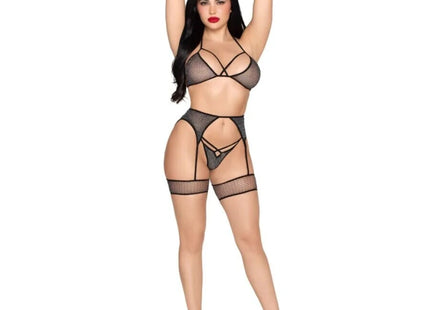 LEG AVENUE - 89362 TOP + STRING + STRUMPFGÜRTEL + HANDSCHELLEN SET SCHWARZ - EINE GRÖSSE - ONE SIZE / NEGRO