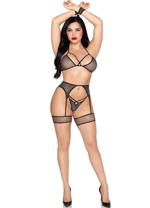 LEG AVENUE - 89362 TOP + STRING + STRUMPFGÜRTEL + HANDSCHELLEN SET SCHWARZ - EINE GRÖSSE - ONE SIZE / NEGRO
