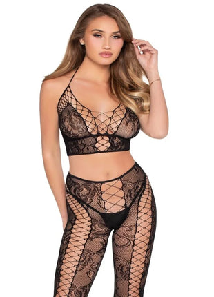 Schwarzes leg avenue netz- und spitzen-crop-top und strumpfhose mit floralen spitzenmustern und mesh-überlagerung