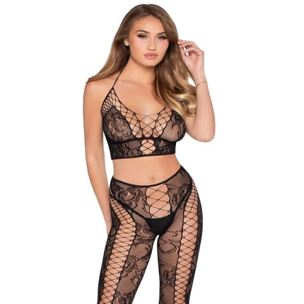 Schwarzes leg avenue netz- und spitzen-crop-top und strumpfhose mit floralen spitzenmustern und mesh-überlagerung