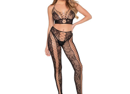 Schwarzer leg avenue spitzen- und netz-crop-top mit floralem muster aus spitze und mesh in einheitsgröße