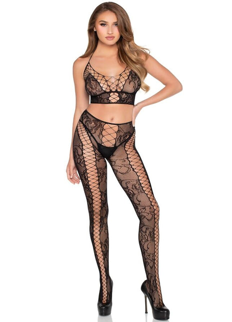 Schwarzer leg avenue spitzen- und netz-crop-top mit floralem muster aus spitze und mesh in einheitsgröße