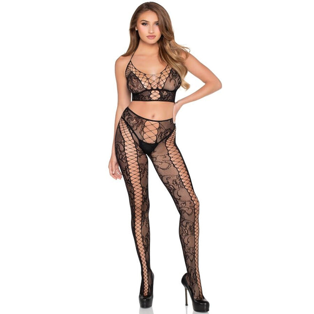 Schwarzer leg avenue spitzen- und netz-crop-top mit floralem muster aus spitze und mesh in einheitsgröße
