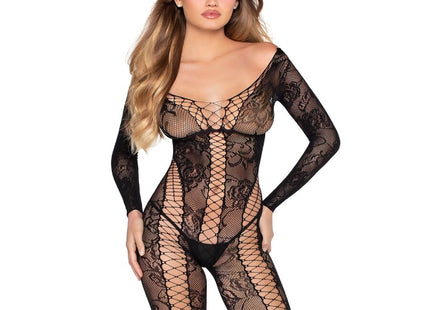 Leg avenue 89369 schwarzer netz- und spitzen-jumpsuit mit langen ärmeln und transparentem floralen muster