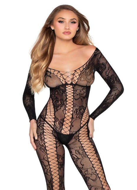 Leg avenue 89369 schwarzer netz- und spitzen-jumpsuit mit langen ärmeln und transparentem floralen muster