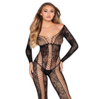 Leg avenue 89369 schwarzer netz- und spitzen-jumpsuit mit langen ärmeln und transparentem floralen muster
