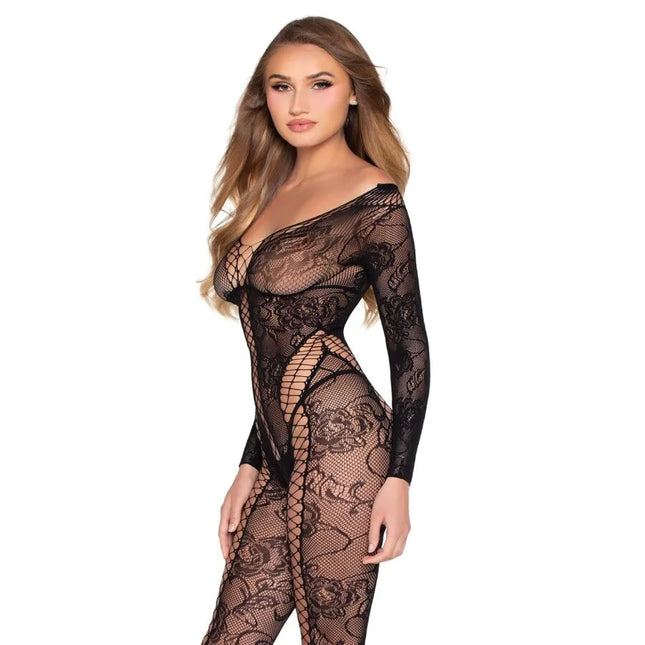 Schwarzer netz- und spitzen-jumpsuit von leg avenue mit floralen mustern und langen Ärmeln in einheitsgröße