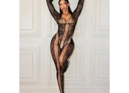 Leg avenue 89369 netz- und spitzen-jumpsuit schwarz aus schwarzer spitze mit floralen mustern und netzdesign
