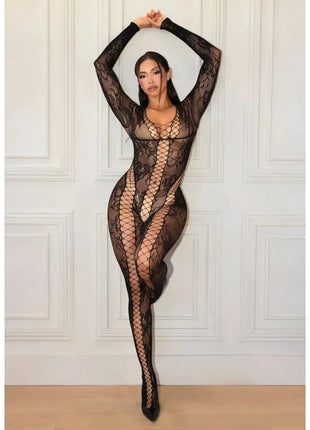 Leg avenue 89369 netz- und spitzen-jumpsuit schwarz aus schwarzer spitze mit floralen mustern und netzdesign