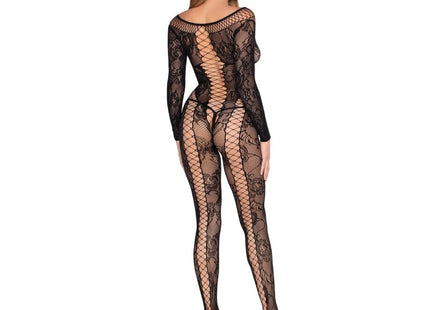 Schwarzer leg avenue netz- und spitzen-jumpsuit mit langärmligem fischnetz und floralem musterrückenansicht