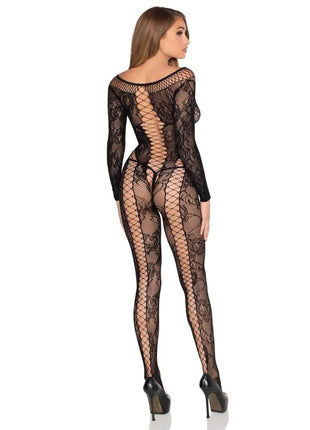 Schwarzer leg avenue netz- und spitzen-jumpsuit mit langärmligem fischnetz und floralem musterrückenansicht