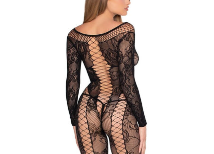 Schwarzer leg avenue 89369 netz- und spitzen-jumpsuit mit langärmeligem schwarzem spitzenbody und rücken kreuzdesign
