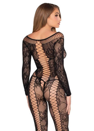 Schwarzer leg avenue 89369 netz- und spitzen-jumpsuit mit langärmeligem schwarzem spitzenbody und rücken kreuzdesign