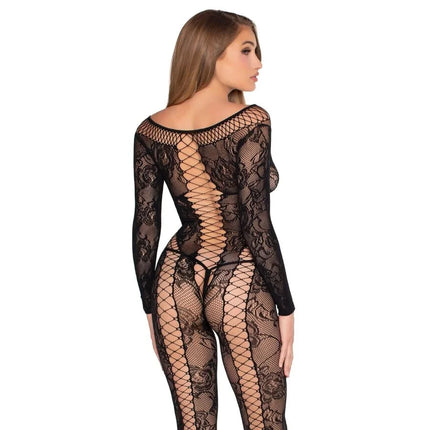 Schwarzer leg avenue 89369 netz- und spitzen-jumpsuit mit langärmeligem schwarzem spitzenbody und rücken kreuzdesign