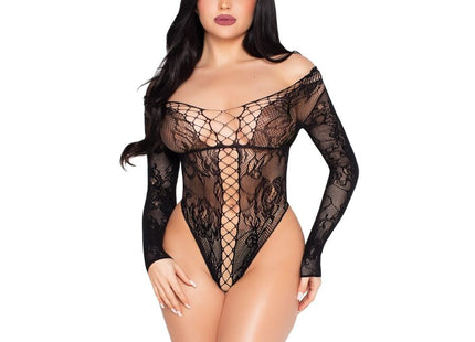Leg avenue 89370 schwarzer spitzen und netz teddy mit langen ärmeln und gekreuztem vorderdesign in einheitsgröße